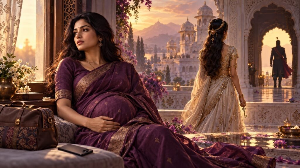 Symbolic pregnant Indian woman beside a window, with a princess and white palace recalling her past life regression story