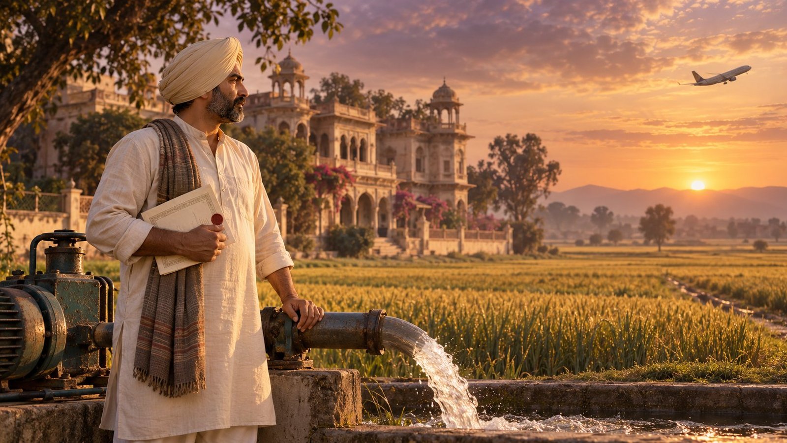 Symbolic Punjabi farmer beside an irrigation pump, holding land papers as a plane departs for England