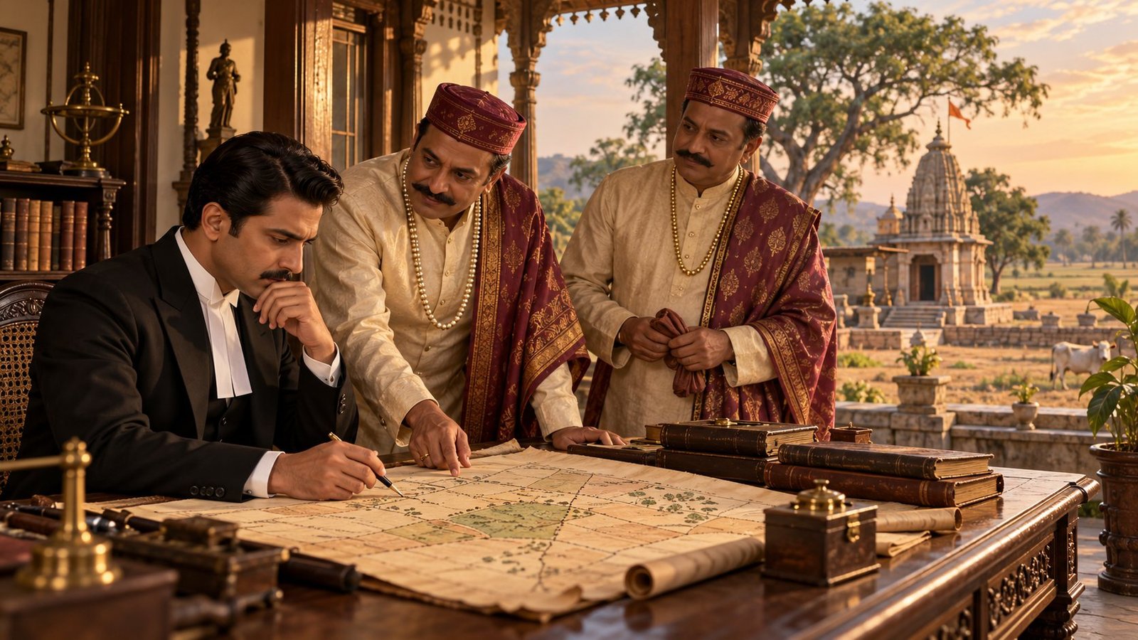 Symbolic colonial-era lawyer and merchants examining land documents near a temple