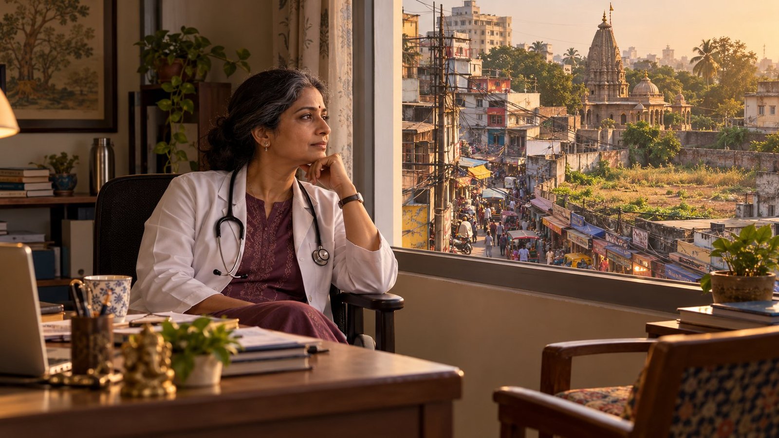 Symbolic woman doctor reflecting beside a crowded city neighbourhood and temple