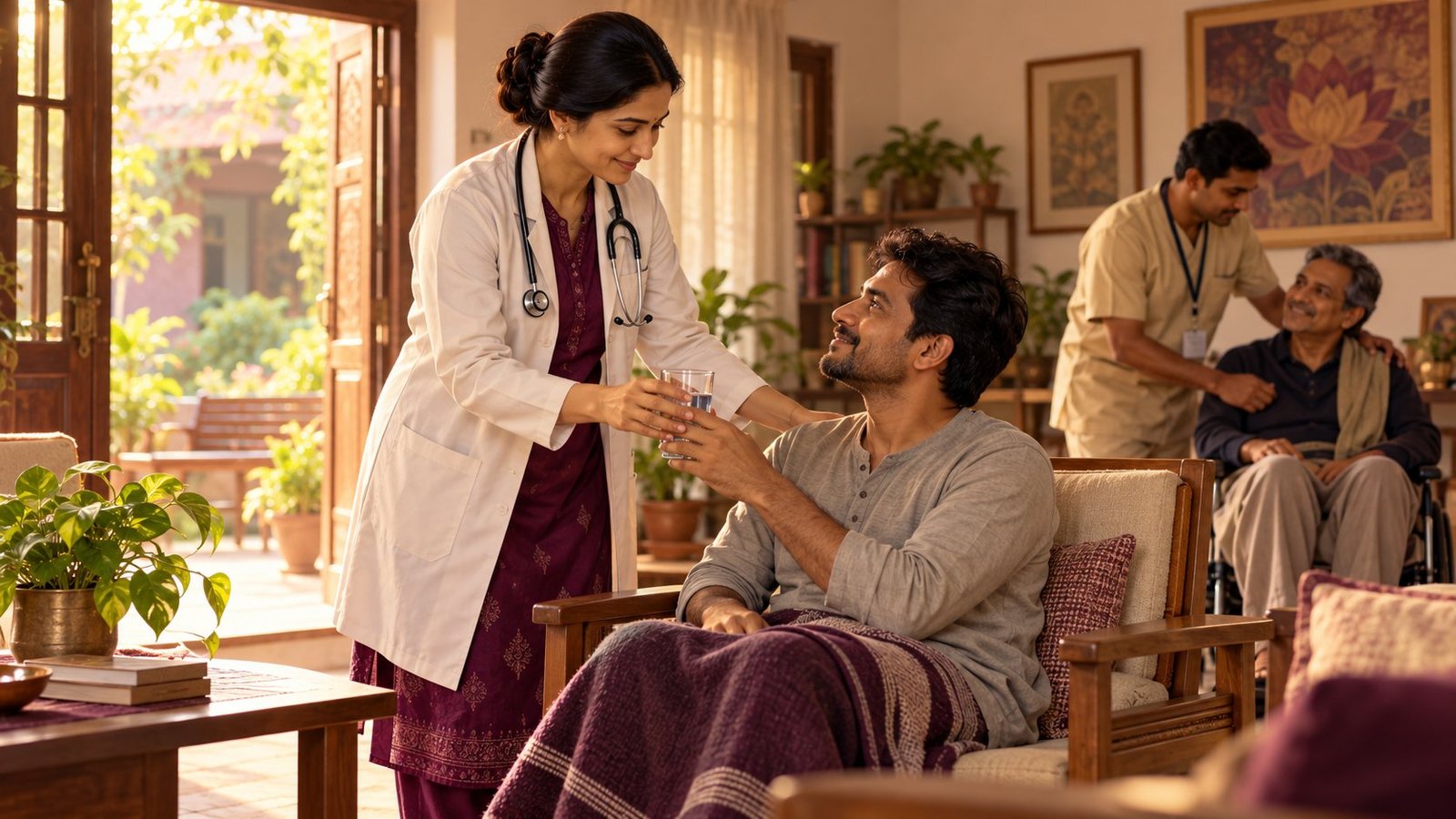 Symbolic woman doctor and staff caring for adults at a rehabilitation centre