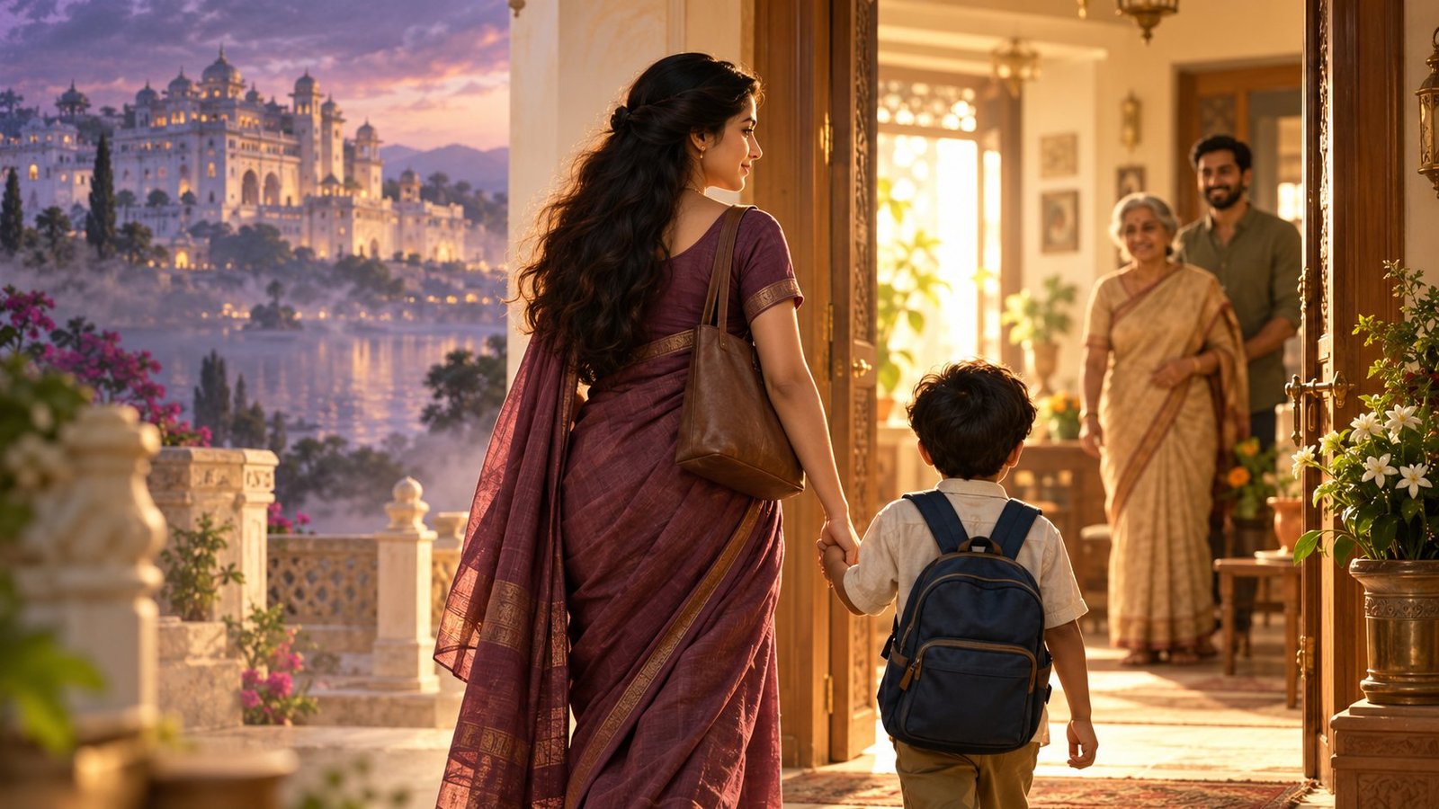 Symbolic mother holding her son’s hand as they approach supportive family in a sunlit doorway