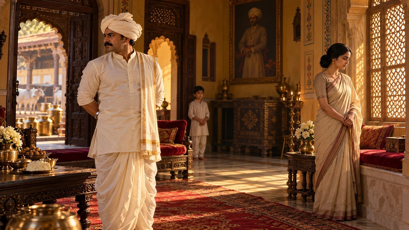 Symbolic Gujarati merchant, his isolated wife and their son inside a yellow-walled haveli
