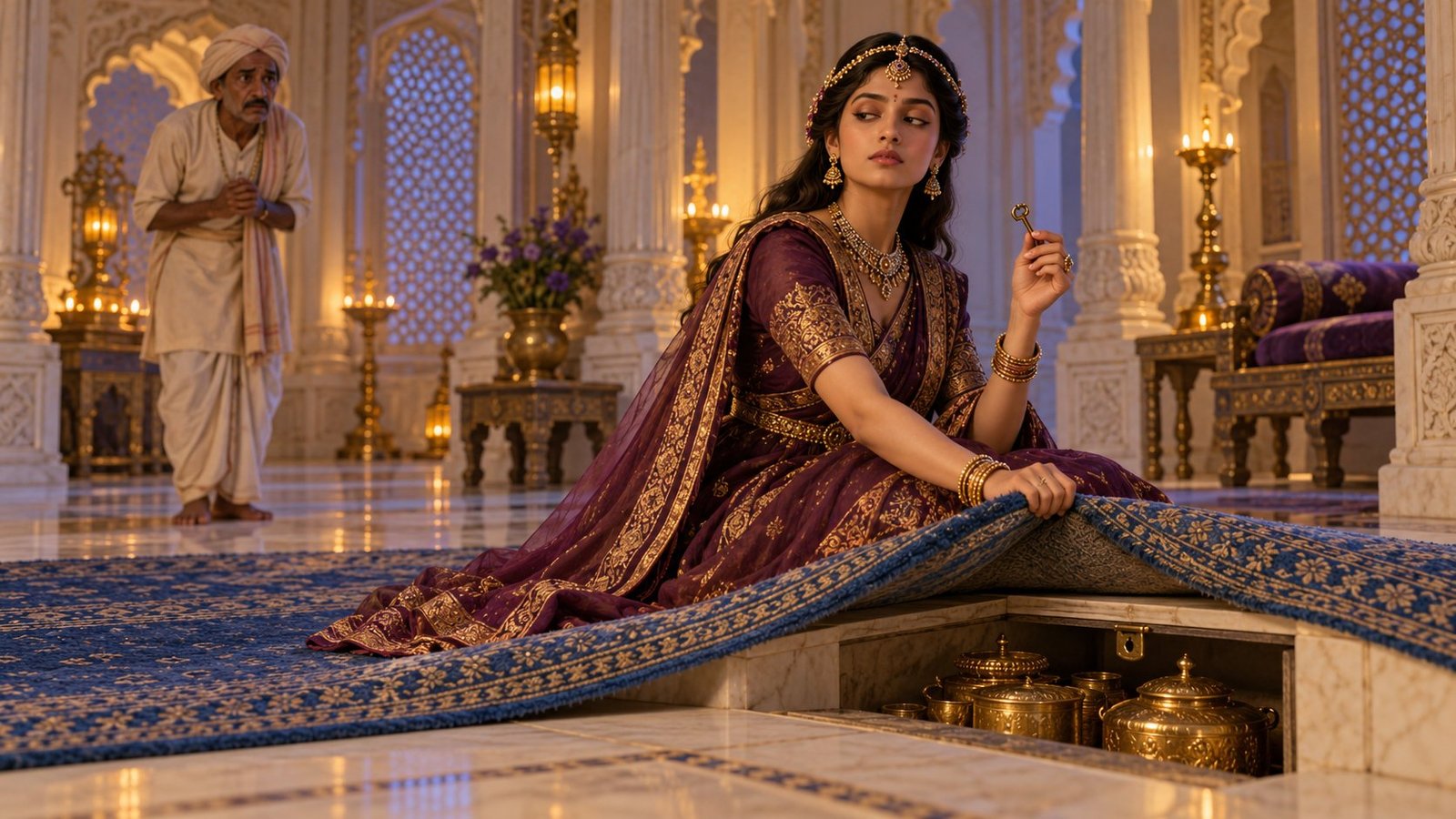 Symbolic palace scene with a princess holding a key beside a frightened servant and concealed gold objects