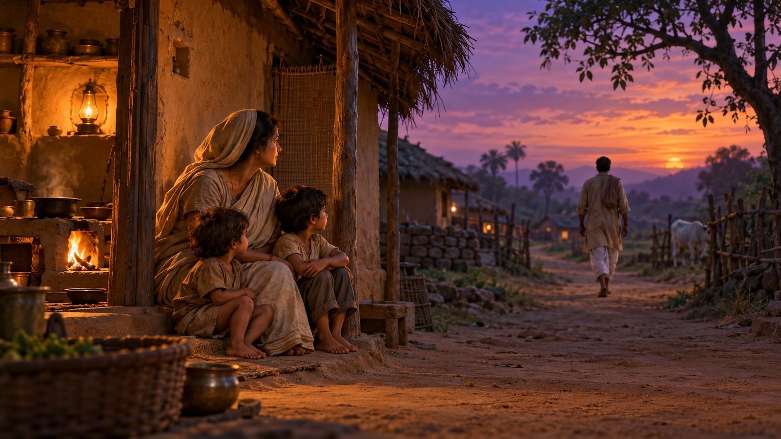 Symbolic village wife and two young sons watching a man leave after promising to return