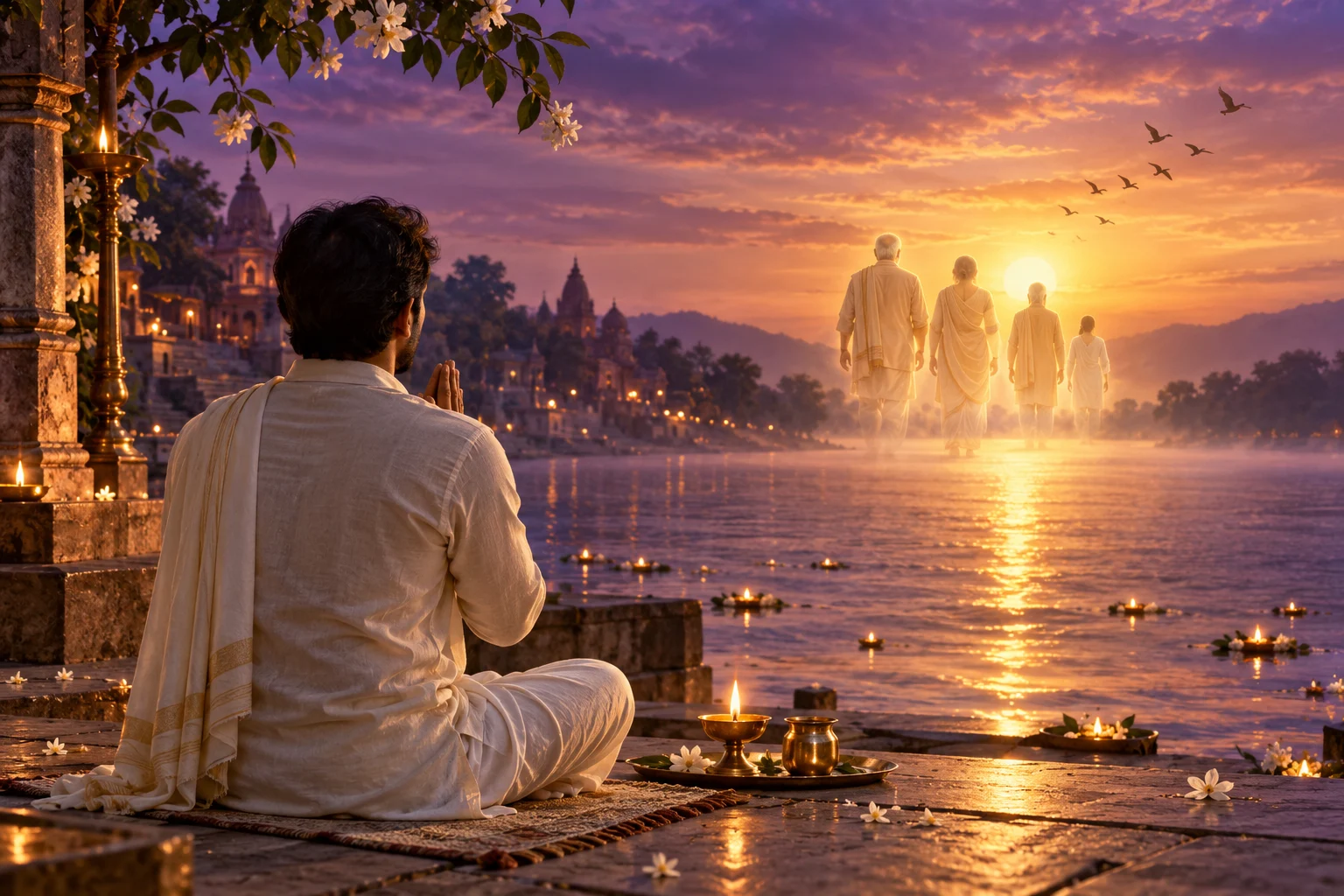 पितृ पक्ष सेवा दिन 10 — प्रार्थना करते साधक और स्वर्णिम प्रकाश की ओर बढ़ते पूर्वजों का सांकेतिक दृश्य / Prayer and love without attachment