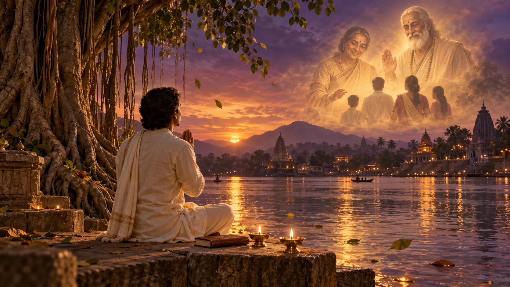 पितृ पक्ष सेवा दिन 11 — गुरुजनों को नमन करते साधक / Pitru Paksha Day 11 — a seeker honours teachers beside two lamps