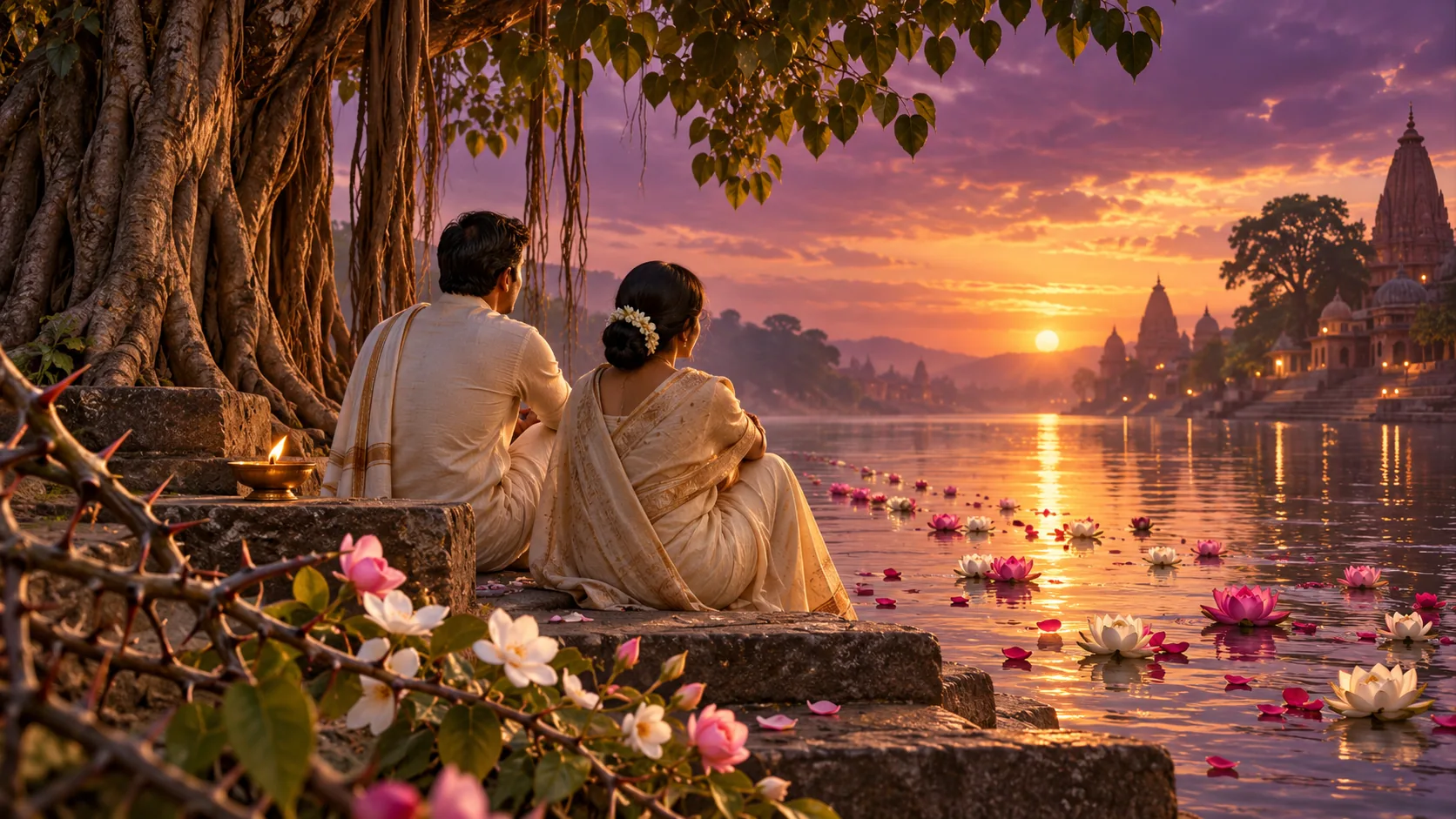 पितृ पक्ष सेवा दिन 12 — दीपक और कमल के पास शांत स्मरण करता दंपति / Pitru Paksha Day 12 — a couple remembers loved ones beside a lamp and lotuses