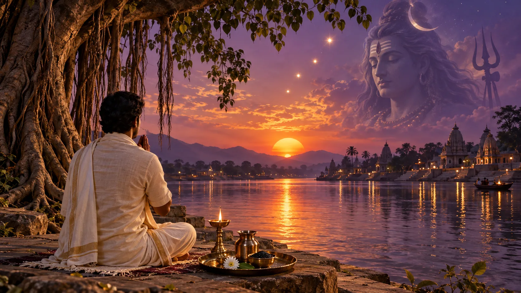 A devotee offers a lamp by a peaceful river beneath a symbolic image of Shiva Mahakal for Pitru Paksh Seva Day 13.