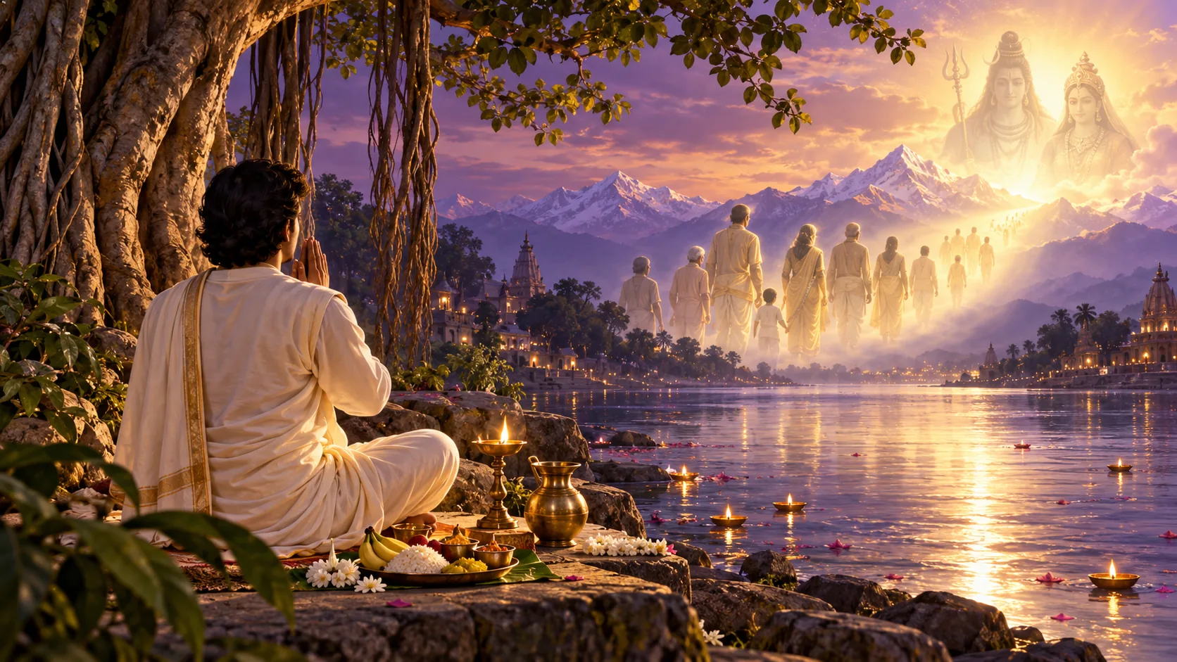 A devotee offers gratitude by a lamp and food tray as symbolic ancestors move toward Shiva and Parvati’s light, Pitru Paksh Seva Day 14.