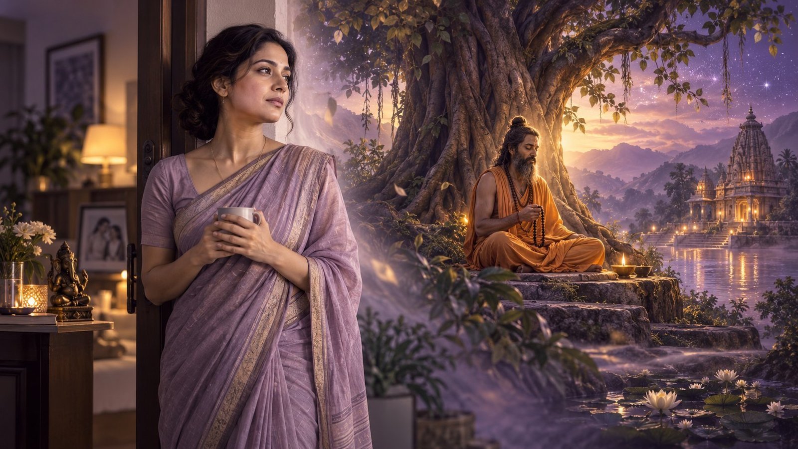 Symbolic illustration of a woman reflecting beside a dreamlike scene of an ascetic beneath a tree.