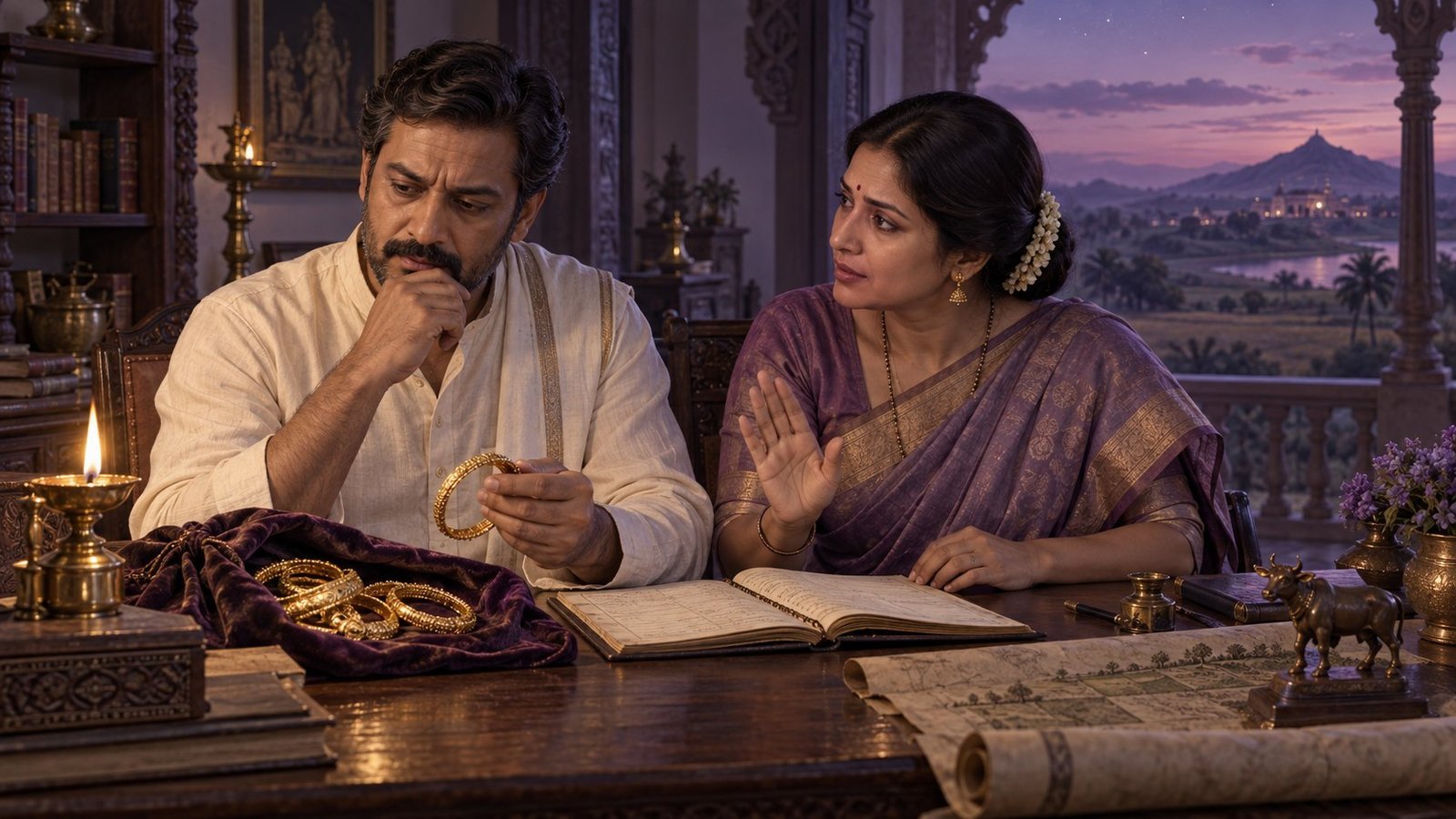 Symbolic illustration of a learned man considering gold jewelry while his wife urges caution.
