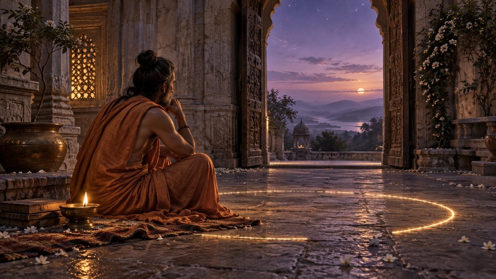 Symbolic artwork of a contemplative ascetic beside an open doorway and a broken circle of light.
