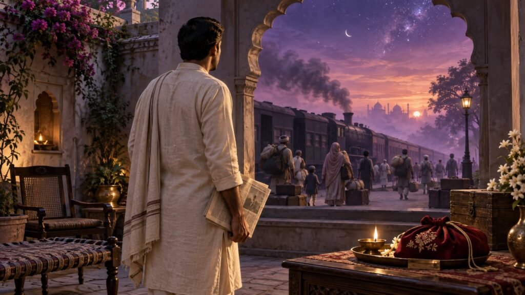 Symbolic illustration of Partition grief, a distant train and entrusted gold.