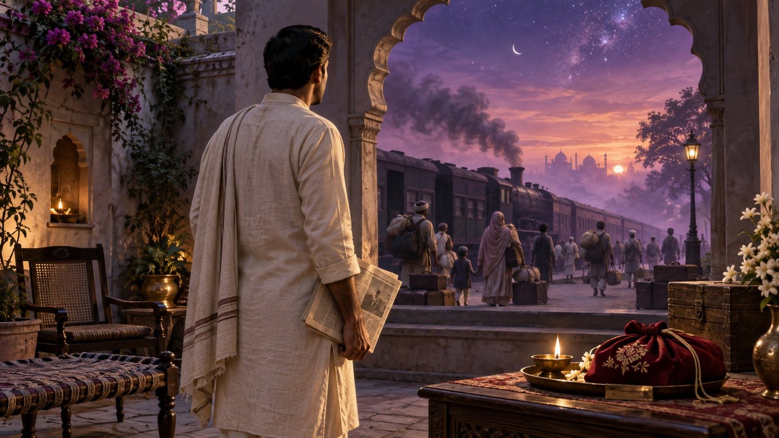 Symbolic illustration of Partition grief, a distant train and entrusted gold.