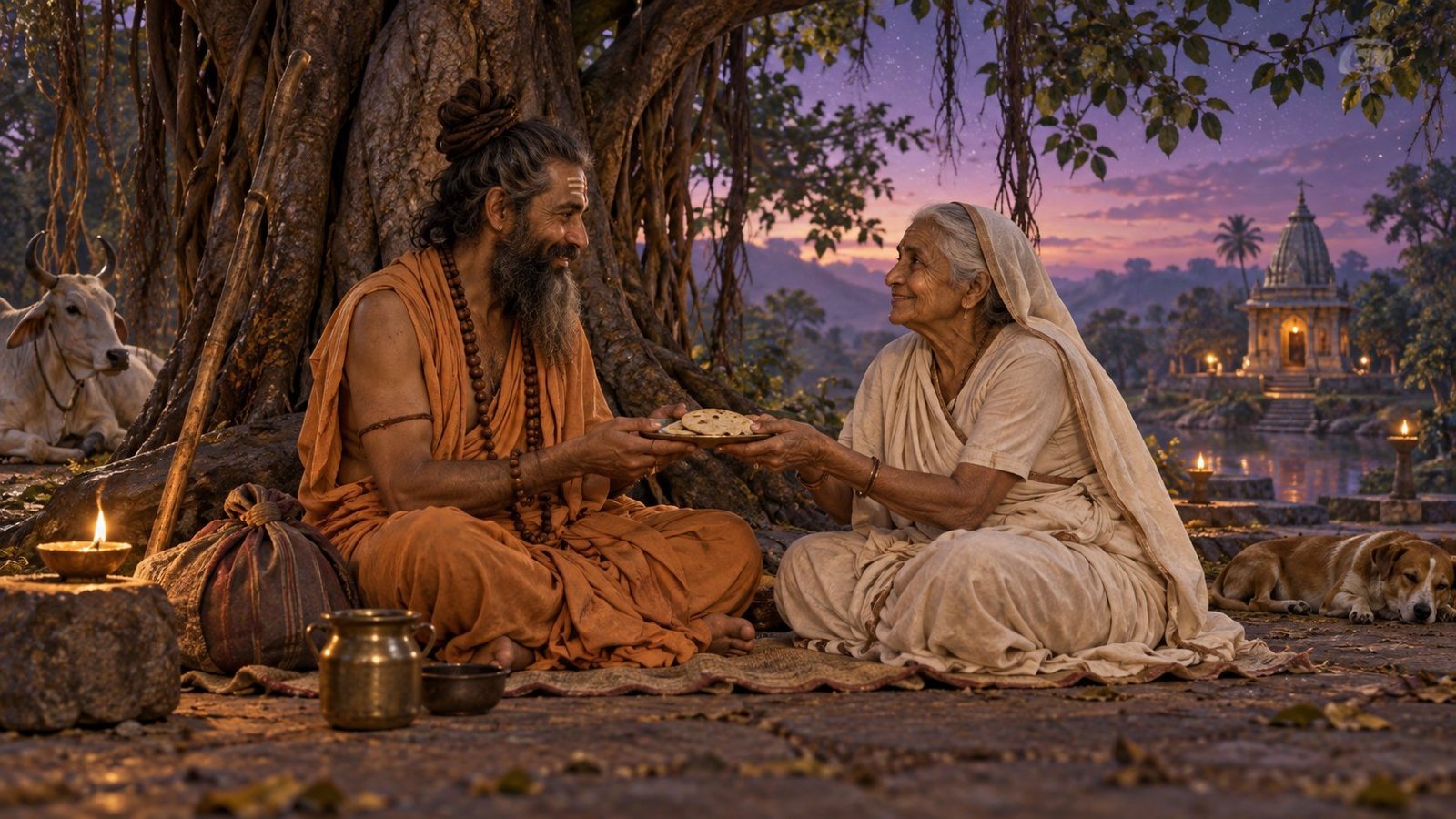 Symbolic illustration of an elderly woman offering roti to an ascetic under a spreading tree.