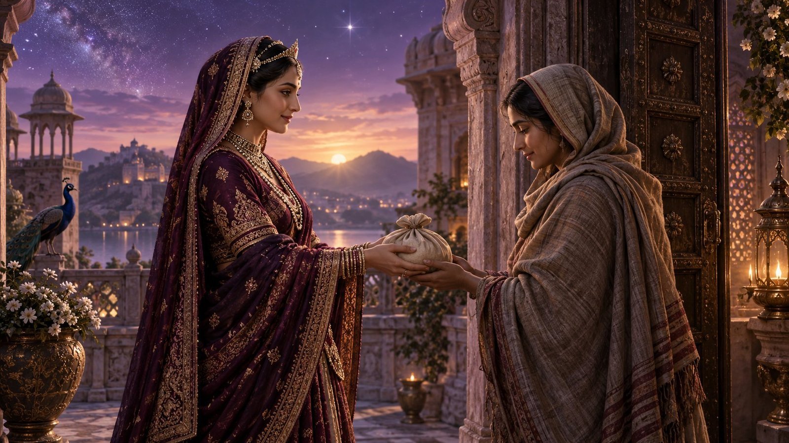 Symbolic scene of one royal woman giving another a bundle of supplies at a palace doorway.