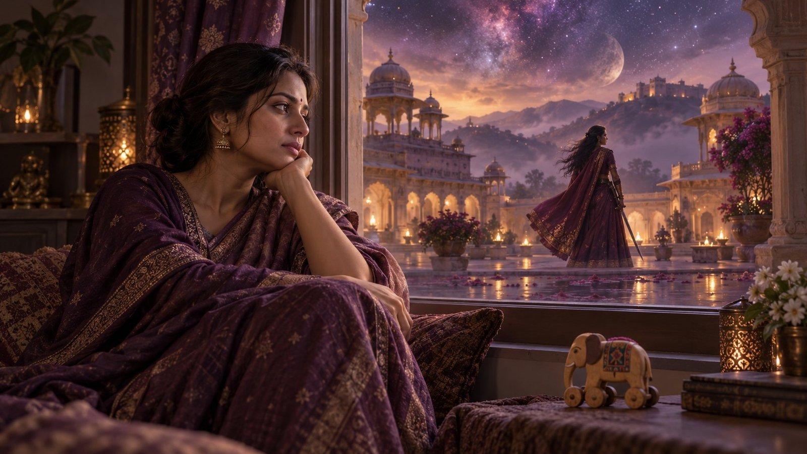 Symbolic artwork of a reflective mother with a dreamlike palace and royal woman in the distance.