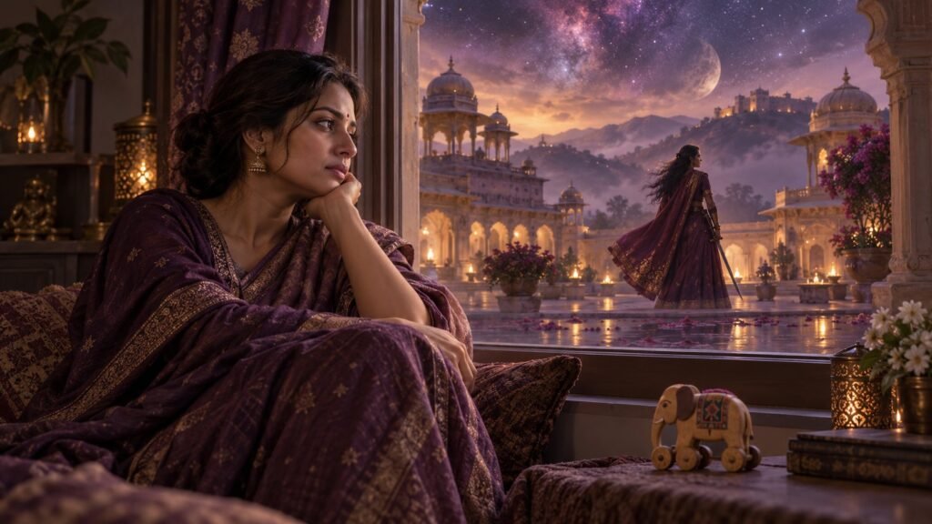 Symbolic artwork of a reflective mother with a dreamlike palace and royal woman in the distance.