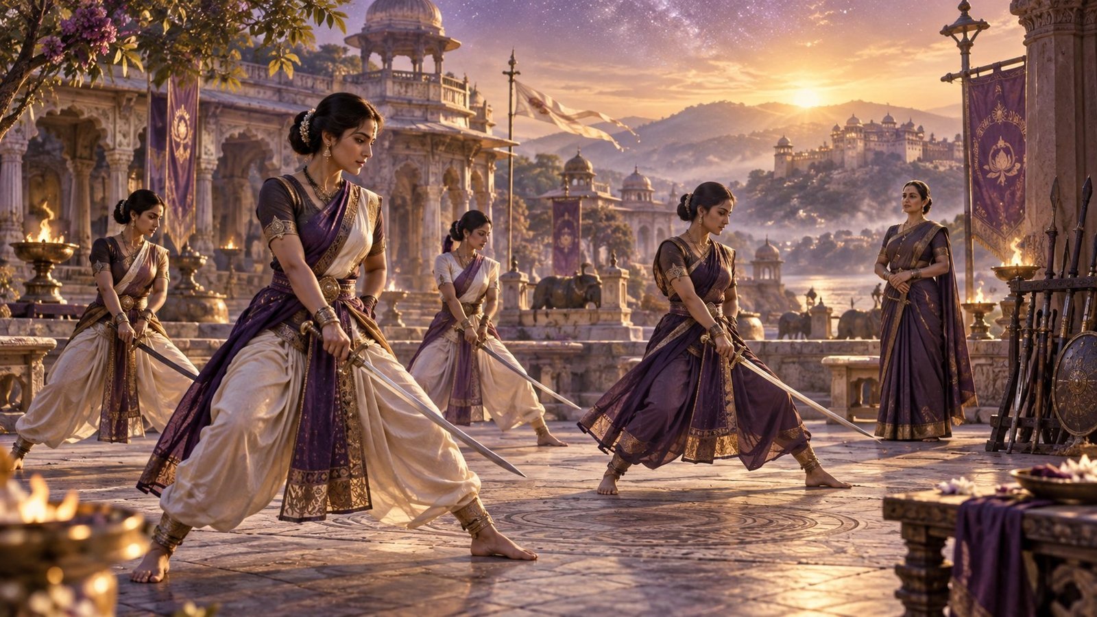 Symbolic royal courtyard scene of women practising disciplined martial movement.