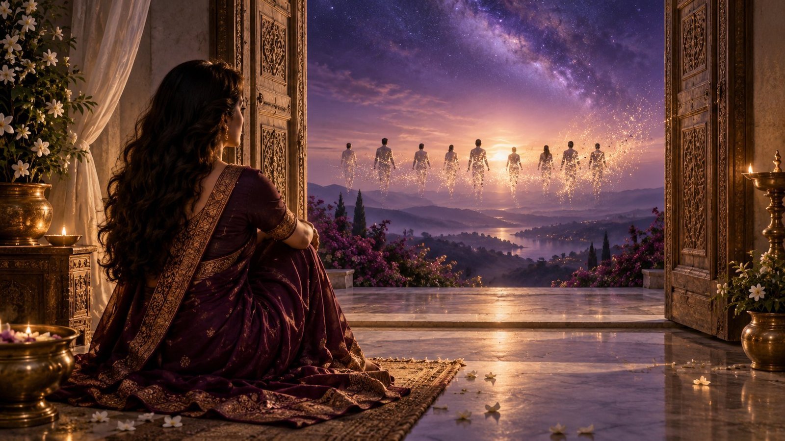 Symbolic artwork of a woman looking toward nine distant figures dissolving into golden light.