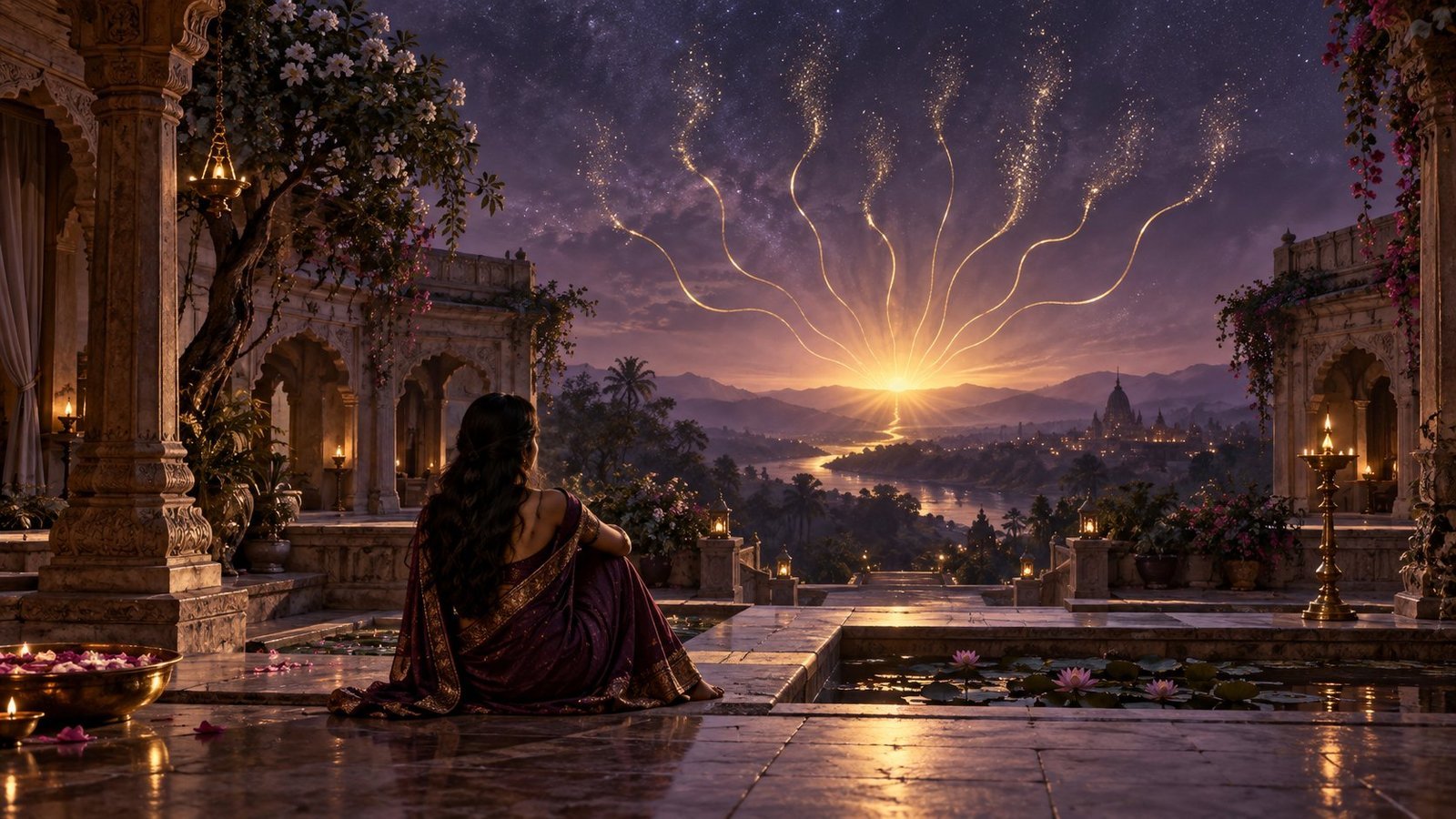 Symbolic golden threads untangling over a violet landscape, evoking release from revenge.
