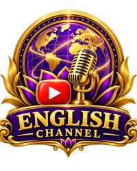 Vighnahartaa English YouTube channel emblem with lotus, globe, microphone and YouTube icon
