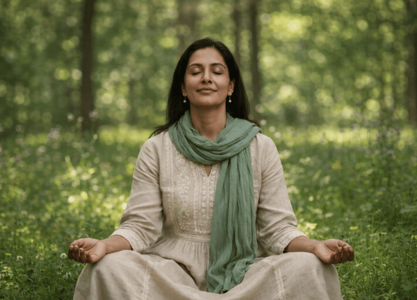 Woman meditating peacefully in nature during a spiritual healing and past life regression therapy session